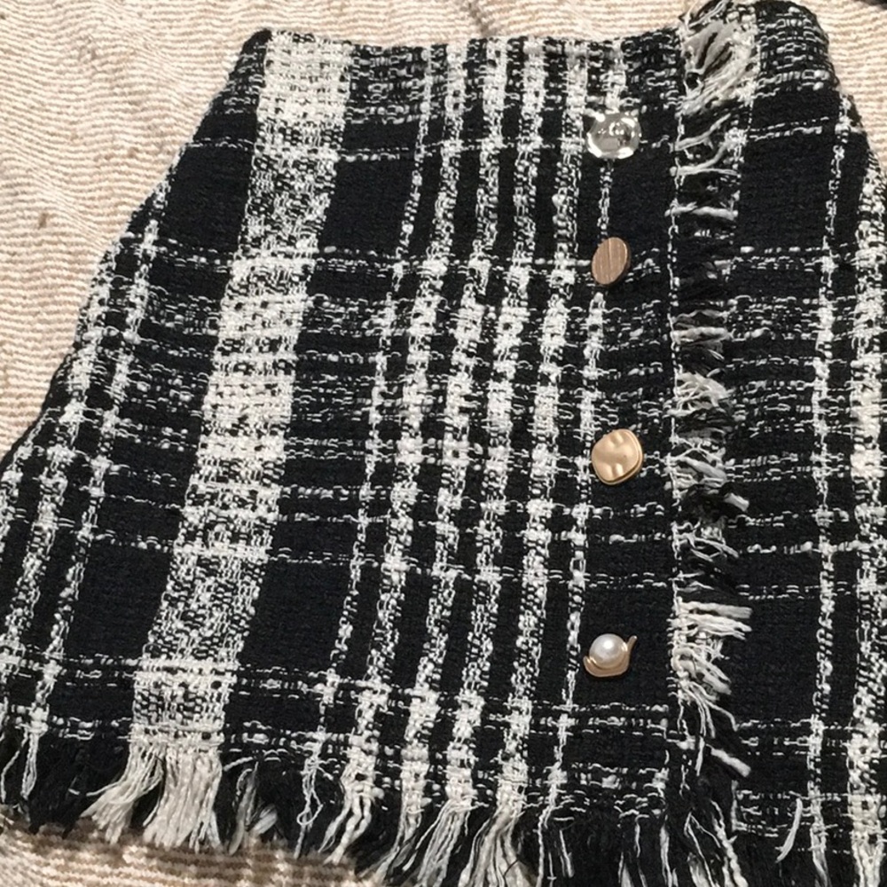 Black & White Tweed Fringe Mini Skirt